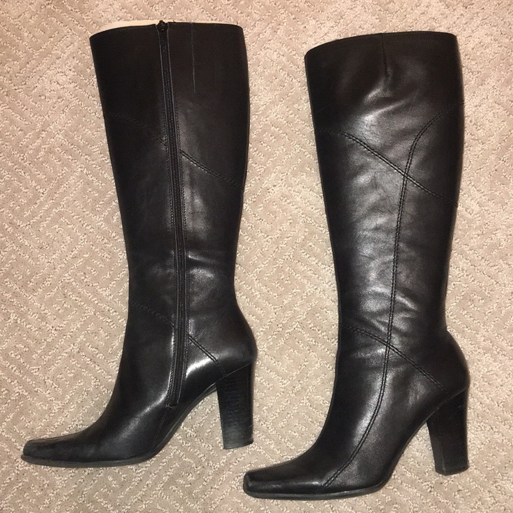 Black Leather Chunky Heel Boots